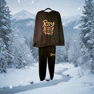 Women's Black Sweatsuit Gold Print Pray Wording Leisure Wear. NWOT.